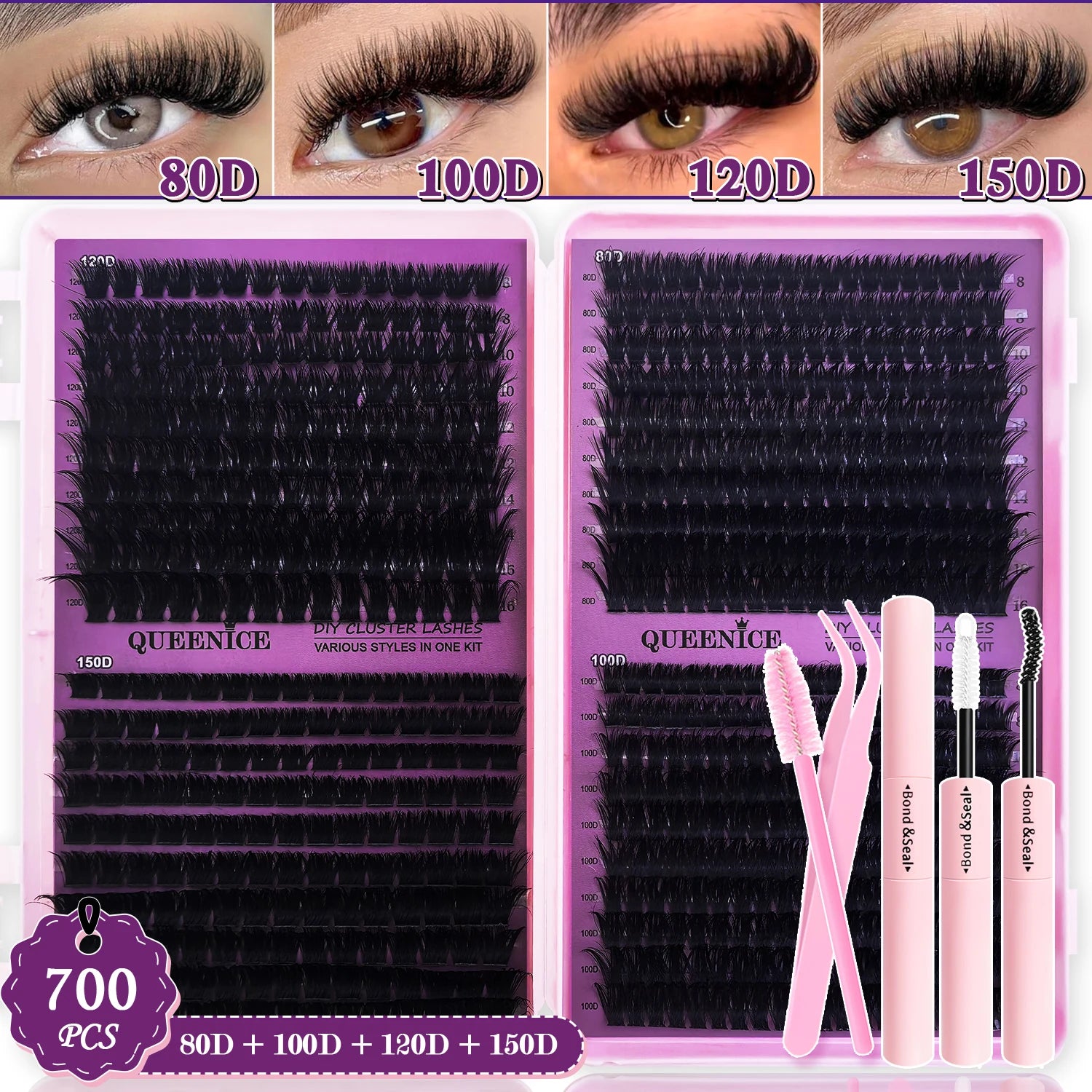 QUEENICE Lashes Cluster DIY Lash Extension Mixed Tray Clusters Eyelashes Fluffy Individual Lashes Cat Eye Lash Extension