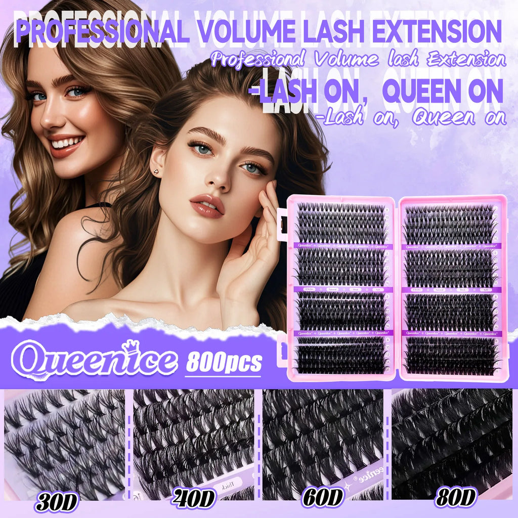 QUEENICE Lashes Cluster DIY Lash Extension Mixed Tray Clusters Eyelashes Fluffy Individual Lashes Cat Eye Lash Extension