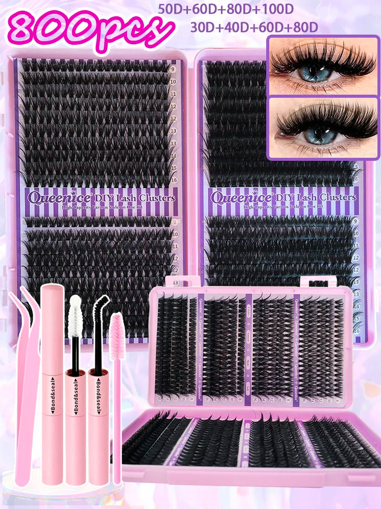 QUEENICE Lashes Cluster DIY Lash Extension Mixed Tray Clusters Eyelashes Fluffy Individual Lashes Cat Eye Lash Extension