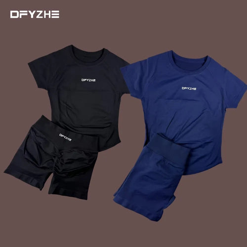 DFYZHE 2-piece Impact sports suit short sleeved seamless yoga top fitness suit fitness running shorts sports suit cycling boxing