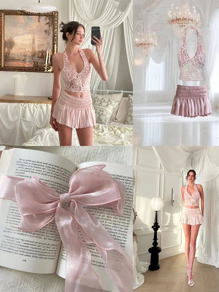 Whatiwear 2-Piece Set Women Fashion Sweet Halter Bandage Backless Patchwork Jacquard Vest+Folds Skirt Party Chic Sexy Suits