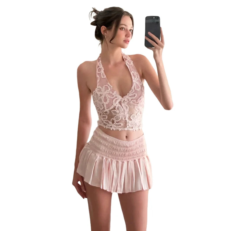 Whatiwear 2-Piece Set Women Fashion Sweet Halter Bandage Backless Patchwork Jacquard Vest+Folds Skirt Party Chic Sexy Suits