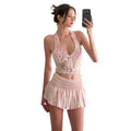 Whatiwear 2-Piece Set Women Fashion Sweet Halter Bandage Backless Patchwork Jacquard Vest+Folds Skirt Party Chic Sexy Suits