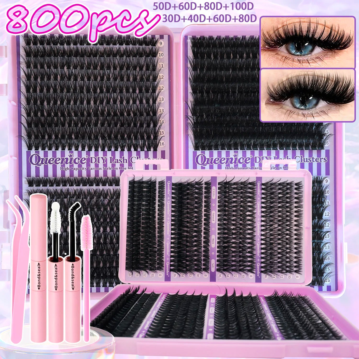 QUEENICE Lashes Cluster DIY Lash Extension Mixed Tray Clusters Eyelashes Fluffy Individual Lashes Cat Eye Lash Extension