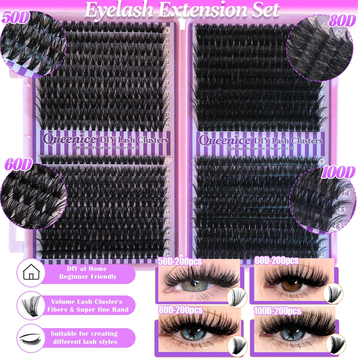 QUEENICE Lashes Cluster DIY Lash Extension Mixed Tray Clusters Eyelashes Fluffy Individual Lashes Cat Eye Lash Extension